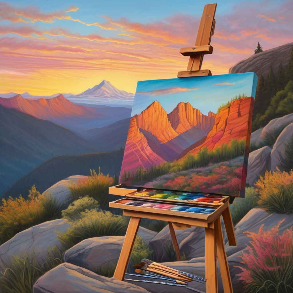 A Woman Painting At Sunrise On A Mountain Cliff