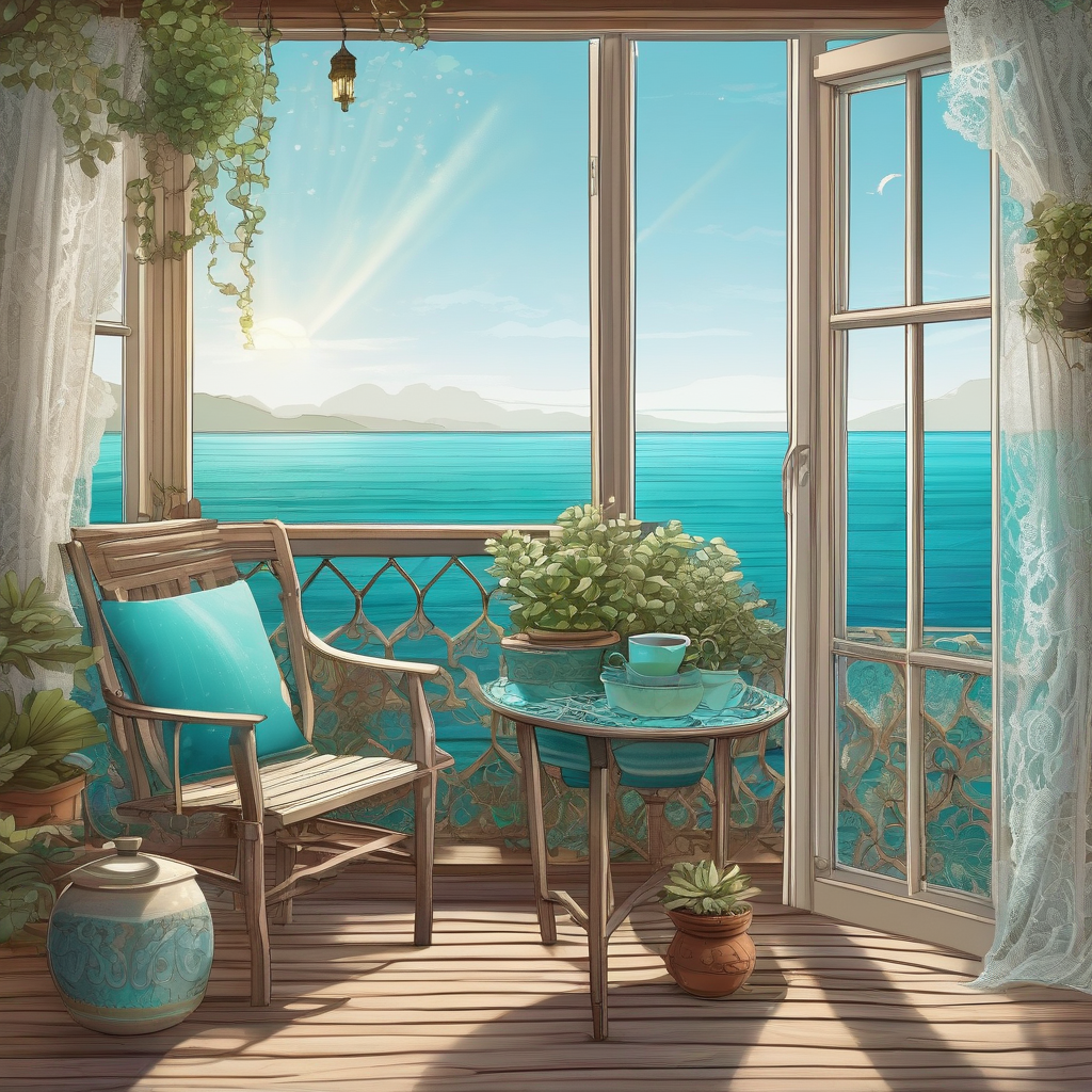 A Woman Smiling While Drinking Tea On A Balcony With Sea View