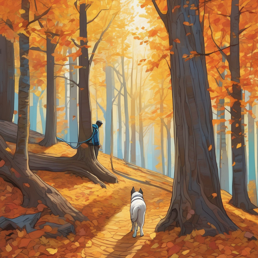 A Woman Walking Her Dog In The Autumn Woods