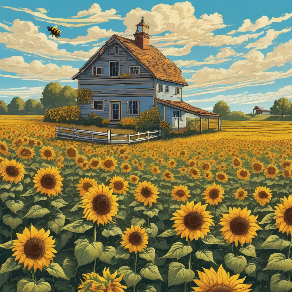 A Woman With Freckles In A Floral Dress Standing In A Sunflower Field