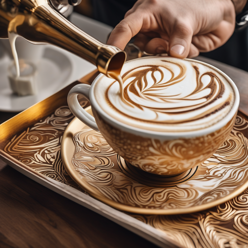 A Barista Pouring Milk Into A Latte Cup Creating Art Close Up Focus On