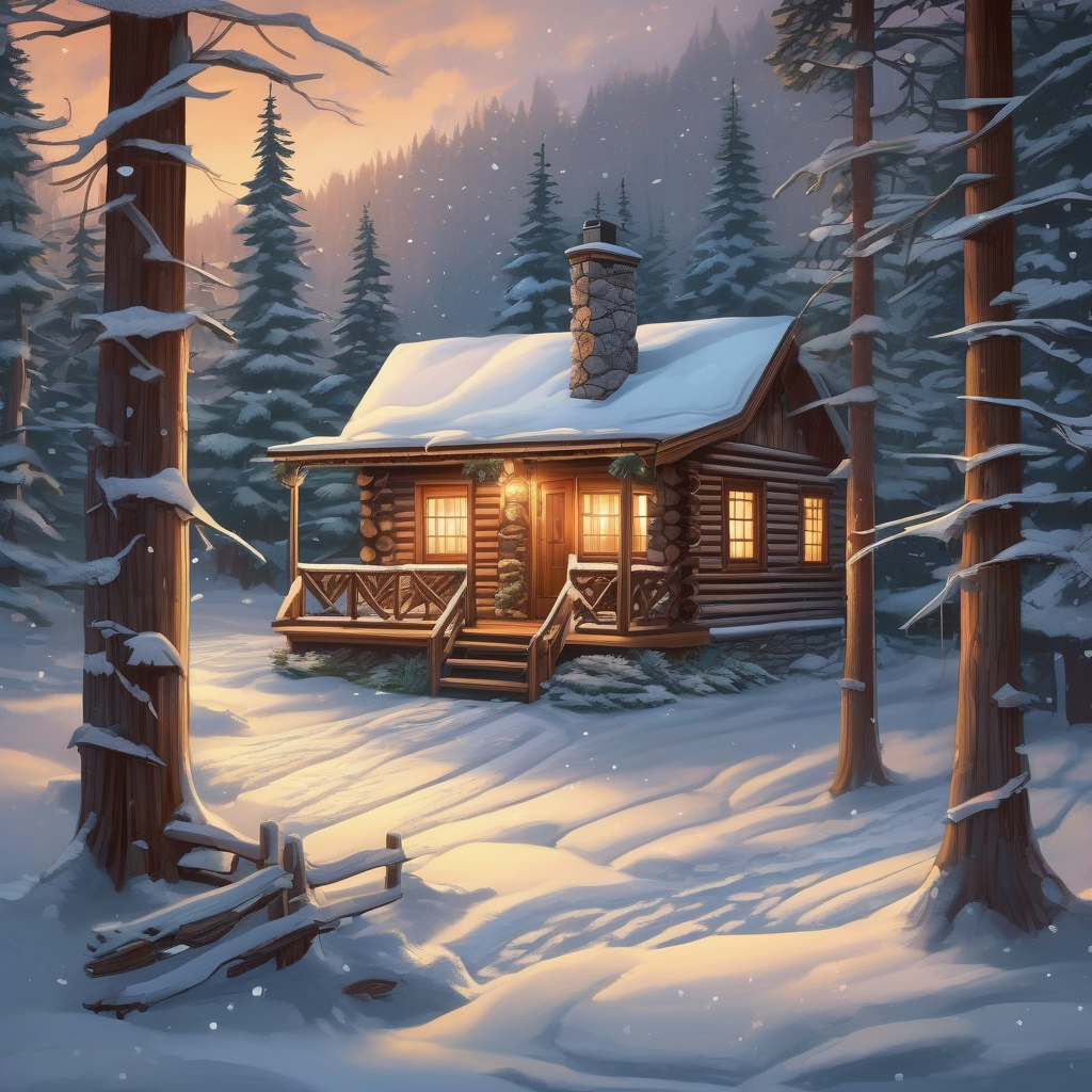 A Wood Cabin With Smoke Rising In Winter Forest