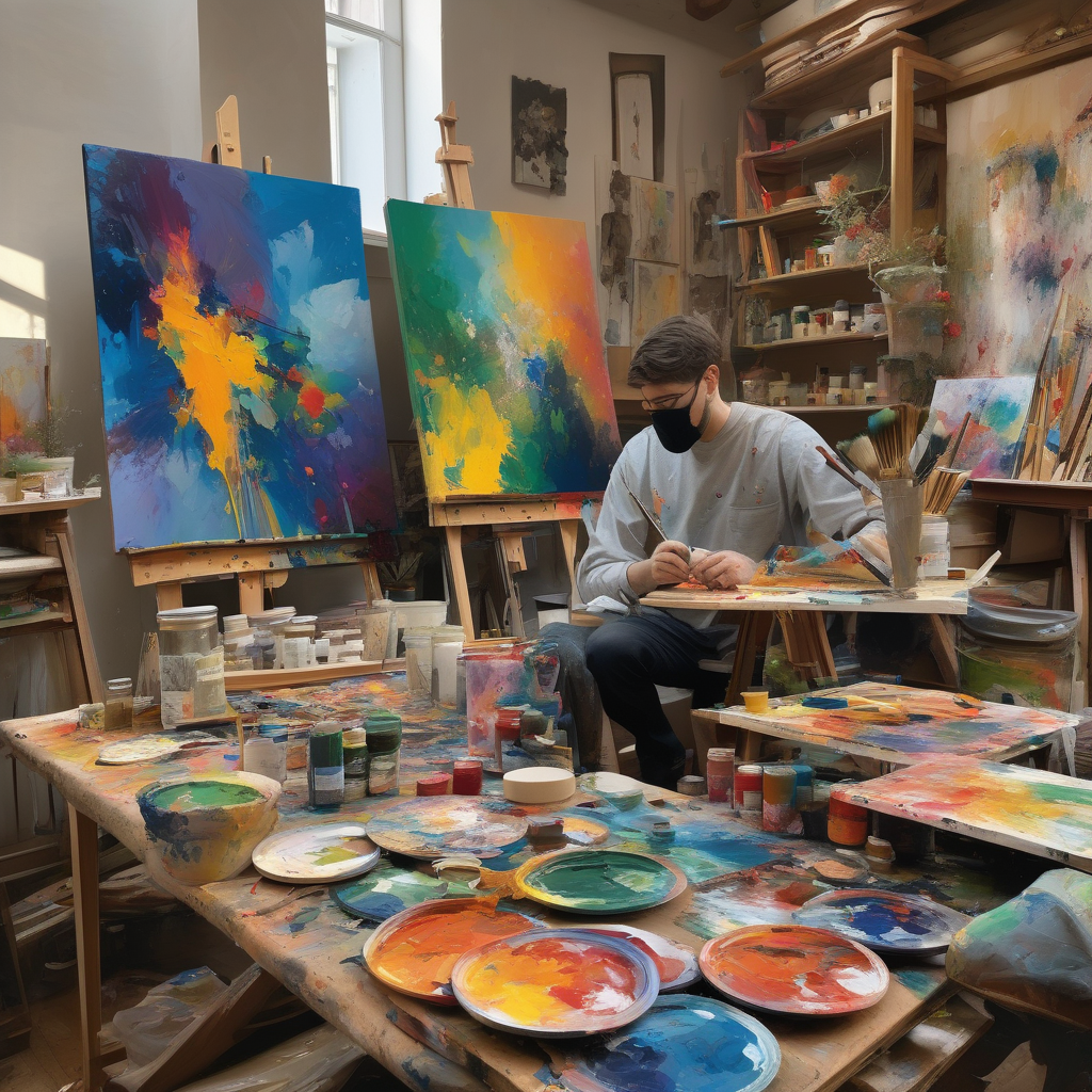 A Young Painter In A Messy Atelier Oil Paint Stains On Hands And Canva