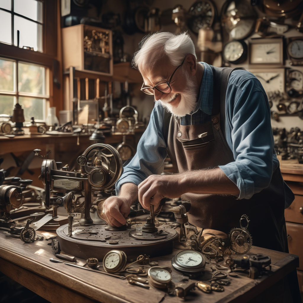 An Old Man Smiling While Fixing A Watch In His Shop