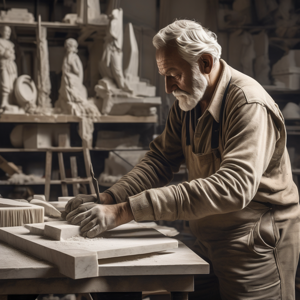 An Old Sculptor Shaping A Marble Statue Dramatic Shadows