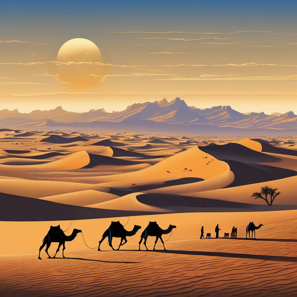 Desert With Orange Dunes And A Camel Caravan