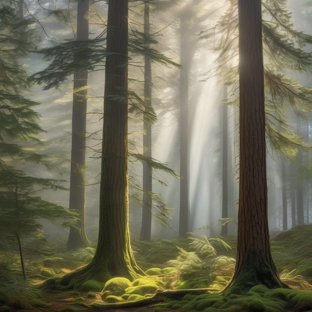 Misty Forest With Tall Pine Trees And Morning Sunlight Rays