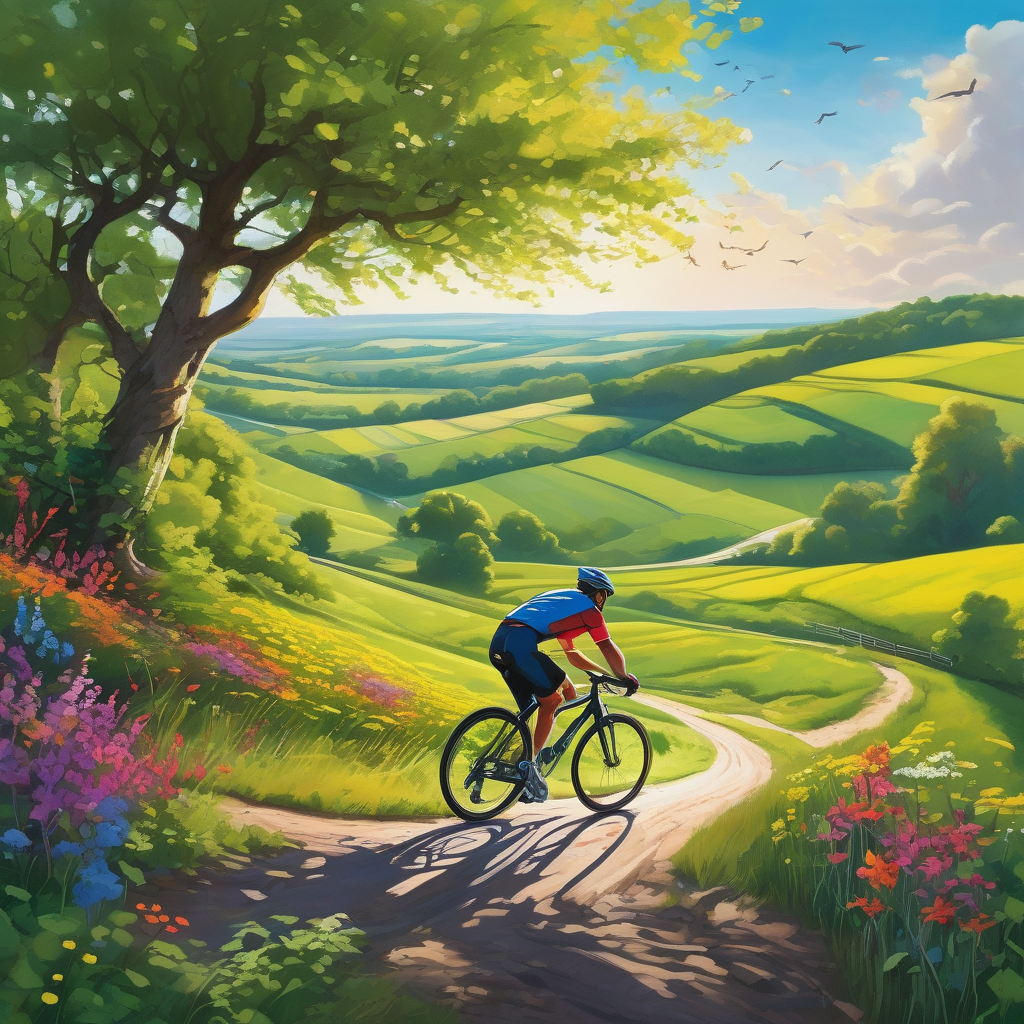 A Cyclist Riding Through A Countryside Trail In Spring Motion Blur And