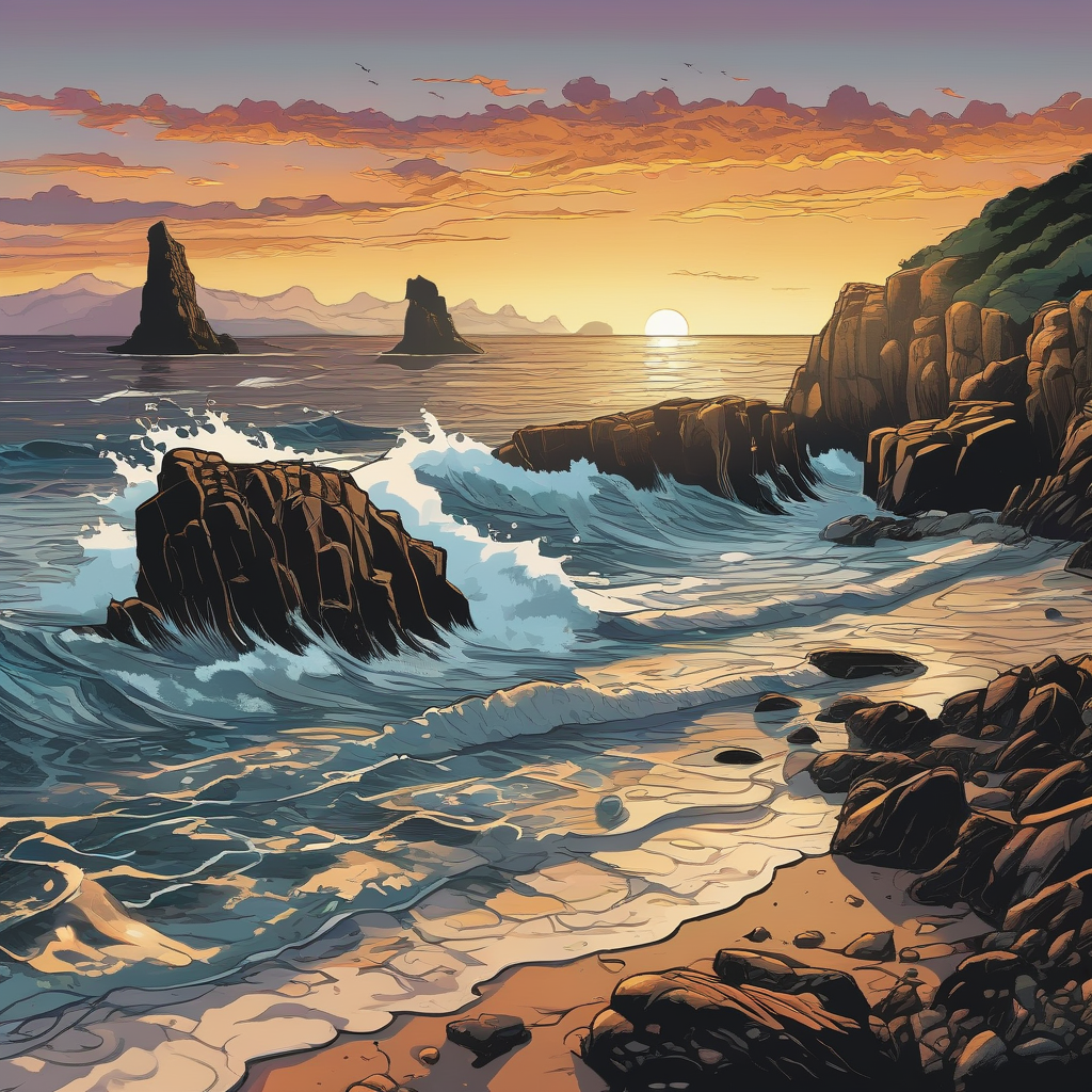 Rocky Coastline With Crashing Waves During Golden Hour