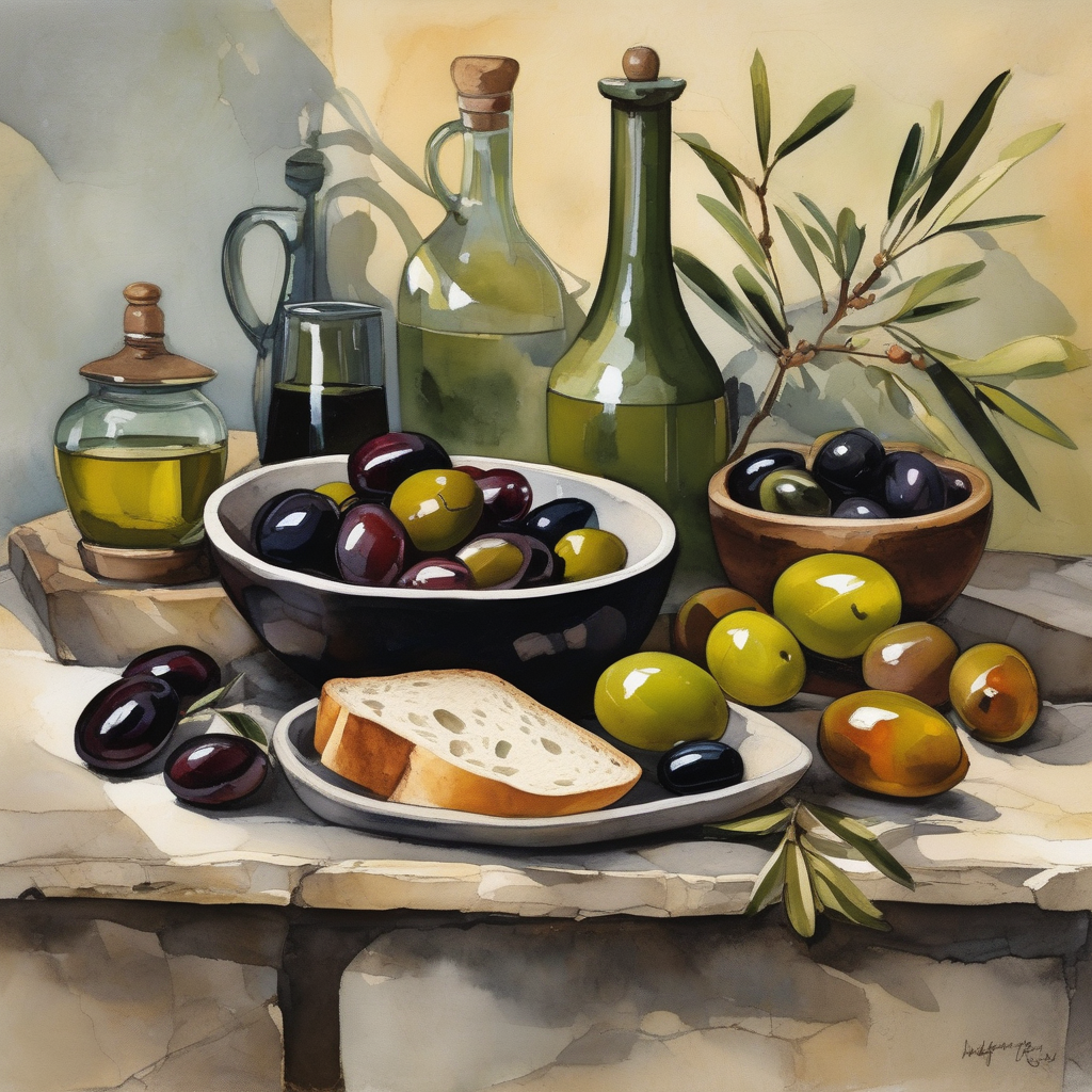 Ultra Realistic Photo Of A Bowl Of Olives And Bread On Stone Table