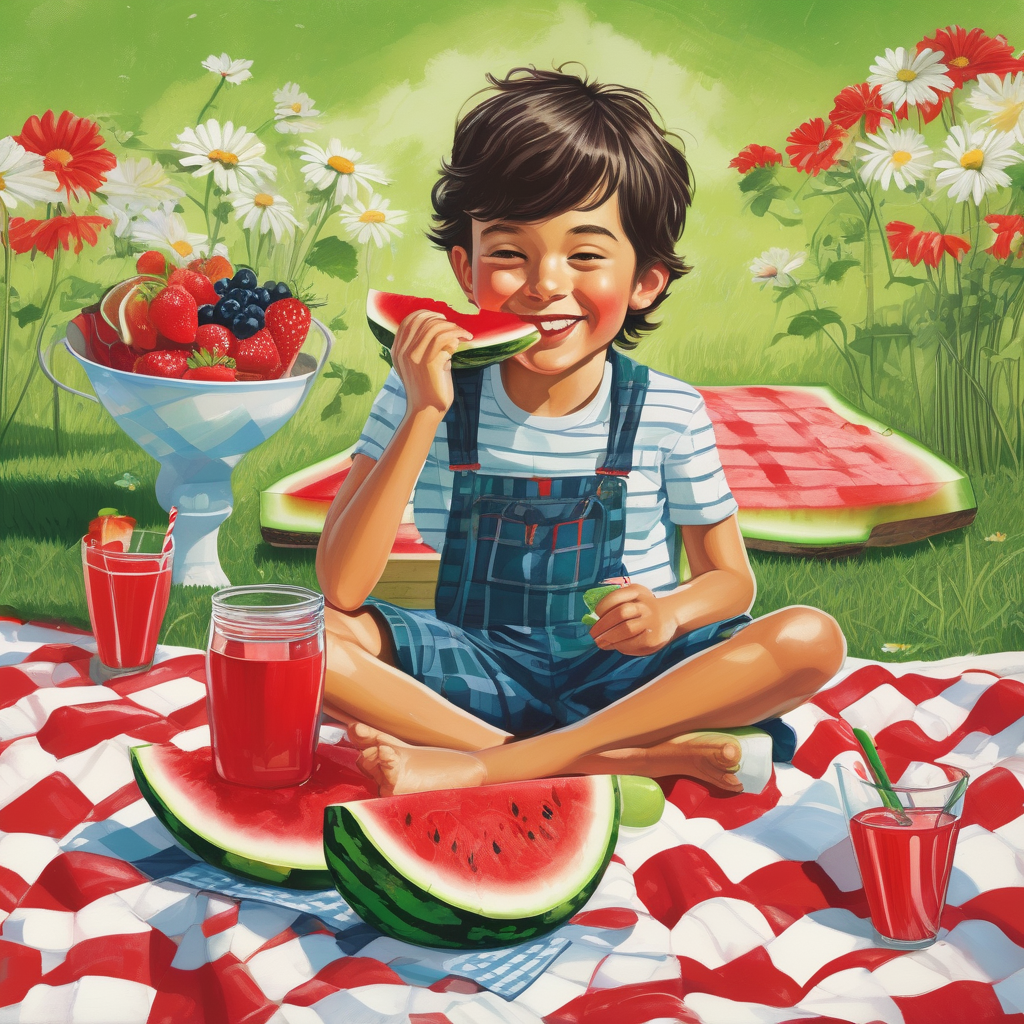Ultra Realistic Photo Of A Boy Eating Watermelon In Summer