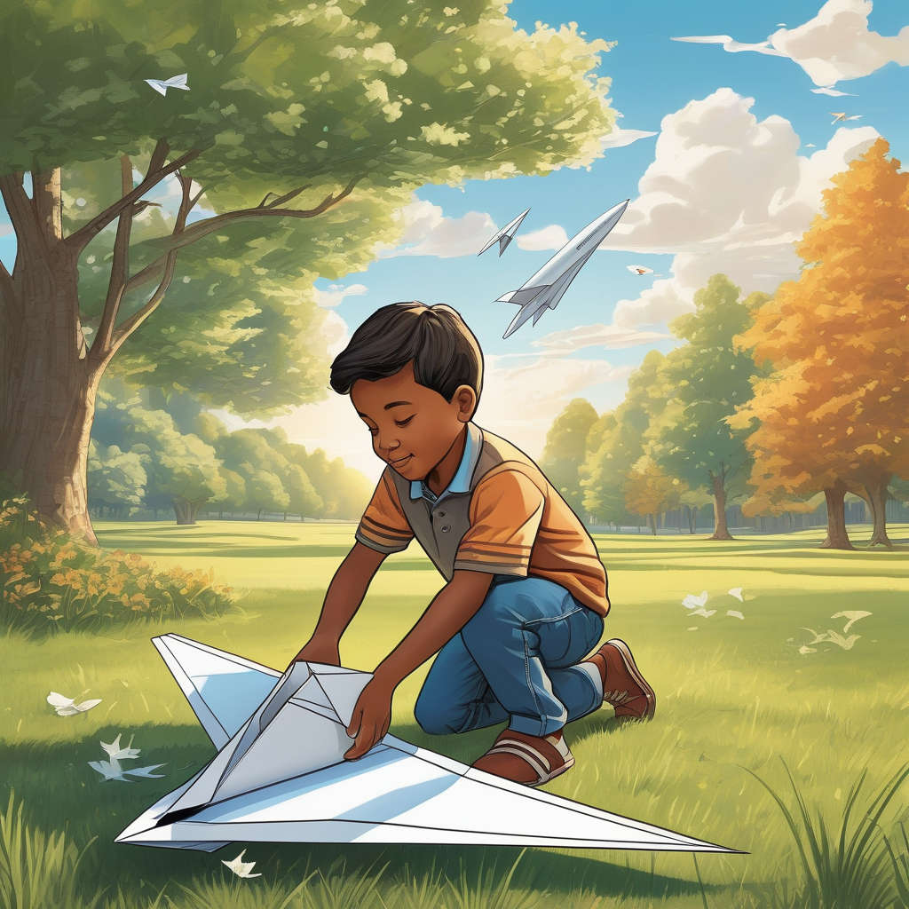 Ultra Realistic Photo Of A Boy Playing With A Paper Airplane