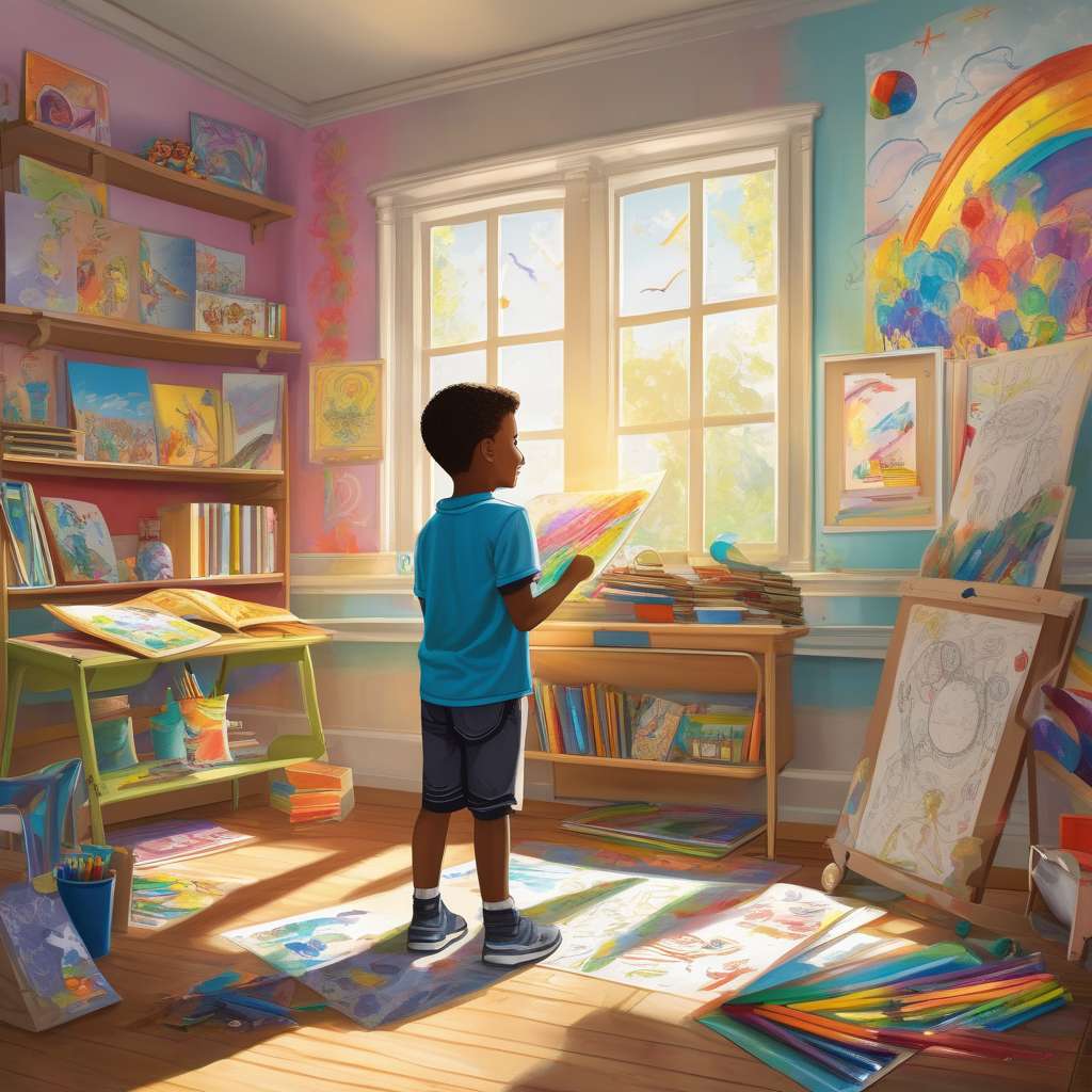Ultra Realistic Photo Of A Boy Showing His Drawing With Pride