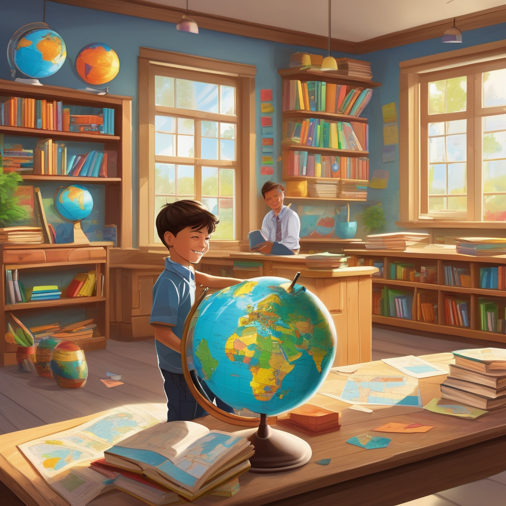 Ultra Realistic Photo Of A Boy Spinning A Globe In A Classroom