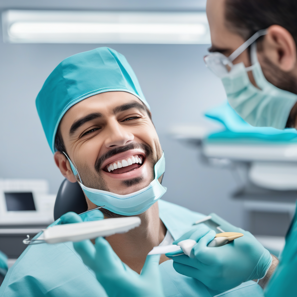 A Dentist Examining A Patient With A Focused Light Dental Tools Visibl