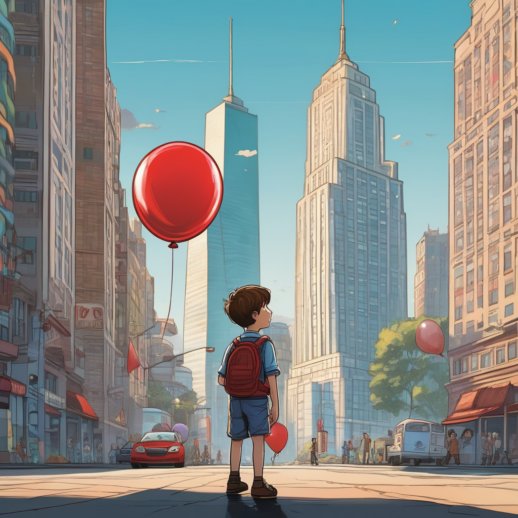 Ultra Realistic Photo Of A Boy With A Red Balloon On A City Street