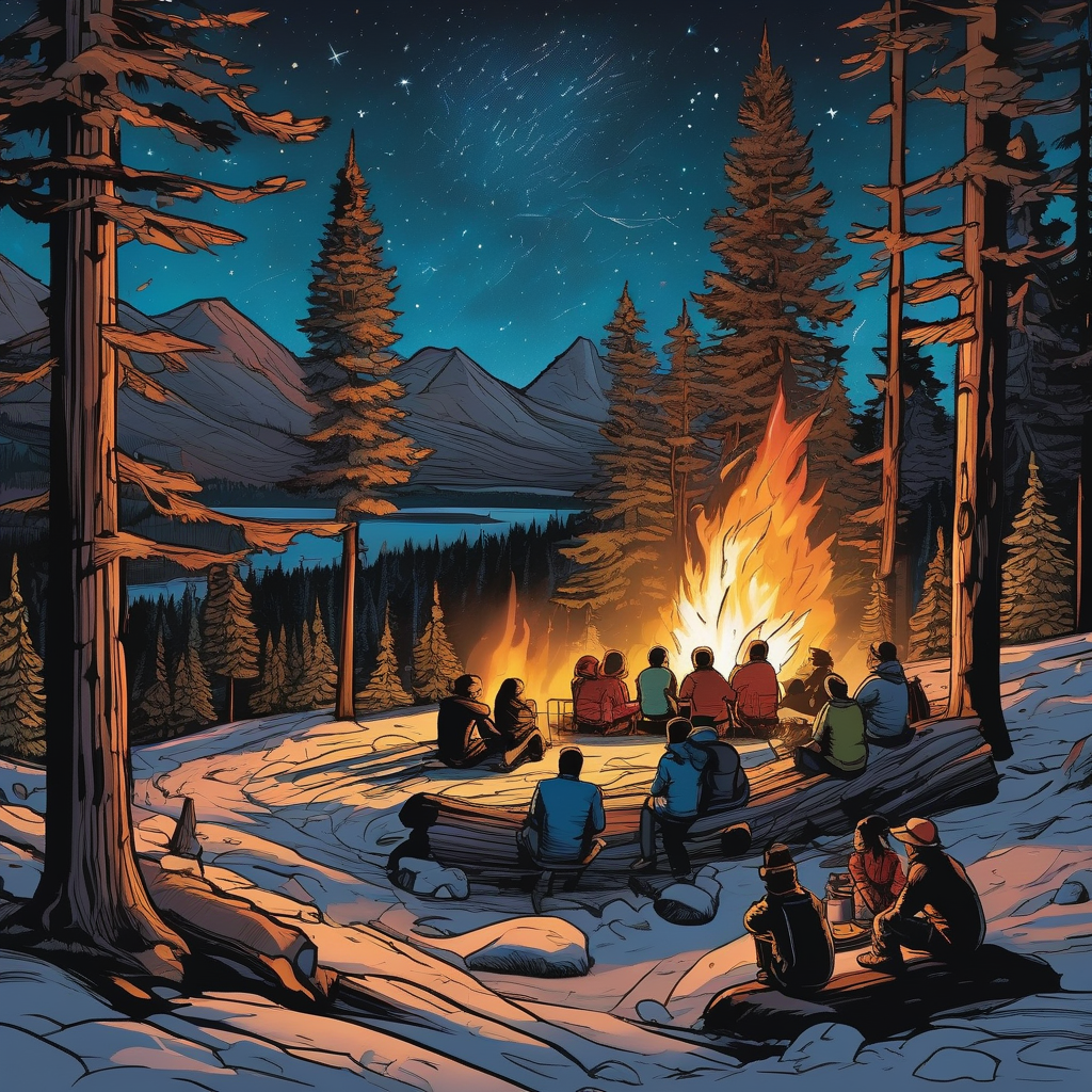 Ultra Realistic Photo Of A Campfire Glowing With People Around It
