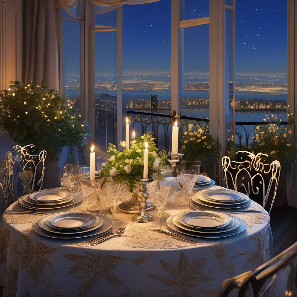 Ultra Realistic Photo Of A Candlelit Dinner On A Balcony At Night