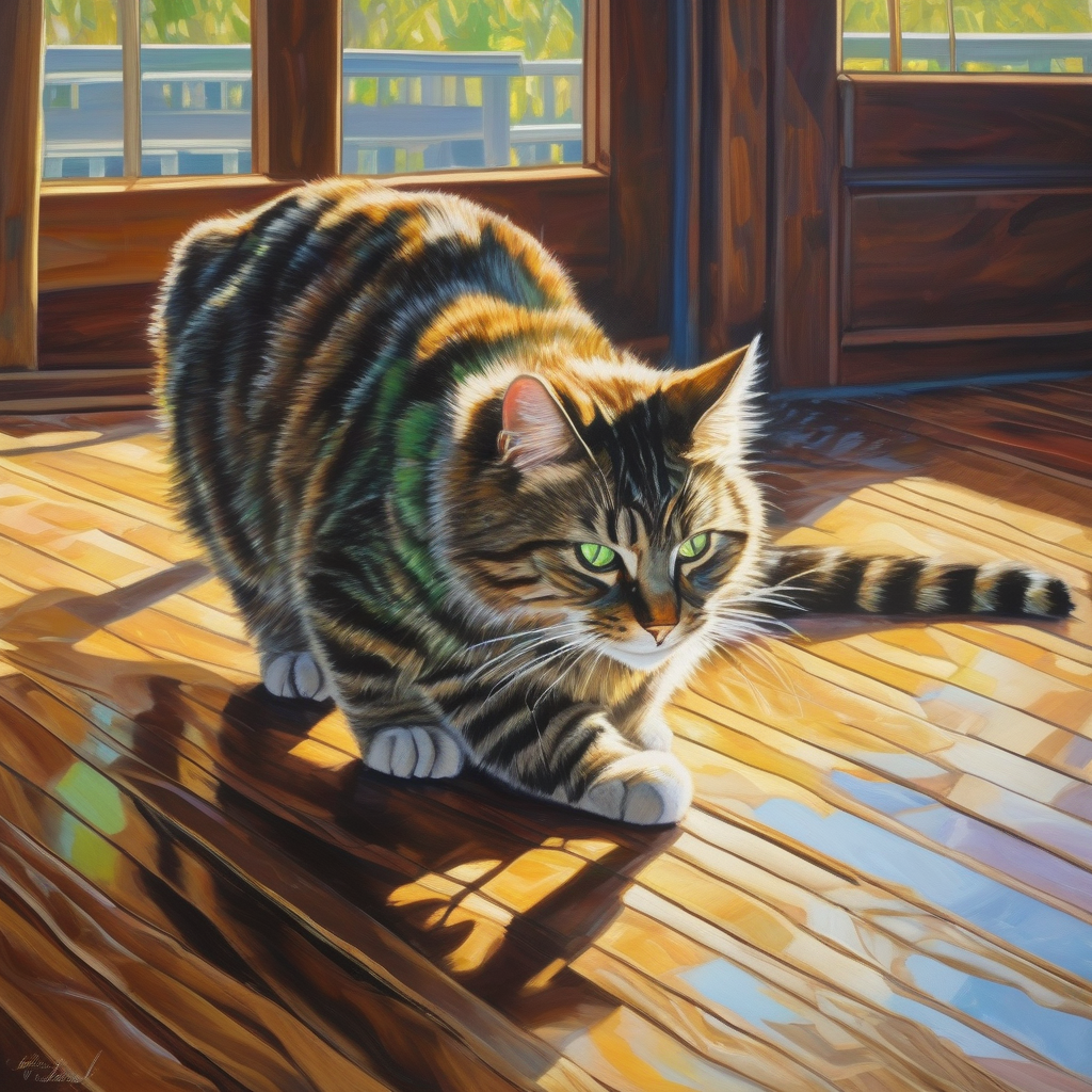 Ultra Realistic Photo Of A Cat Chasing Sunlight Across The Floor