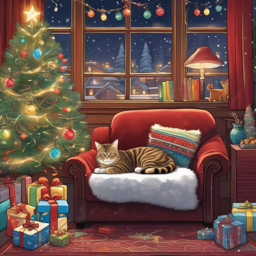 Ultra Realistic Photo Of A Cat Lying Under A Christmas Tree
