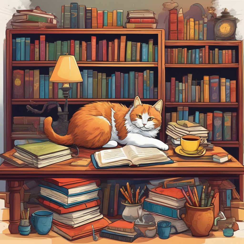Ultra Realistic Photo Of A Cat Stretching On A Book Covered Desk