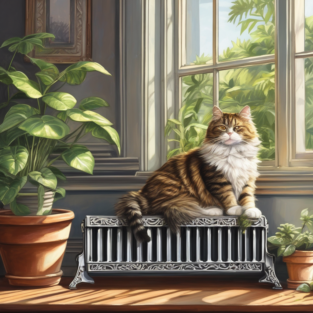 Ultra Realistic Photo Of A Cat Stretching On A Warm Radiator