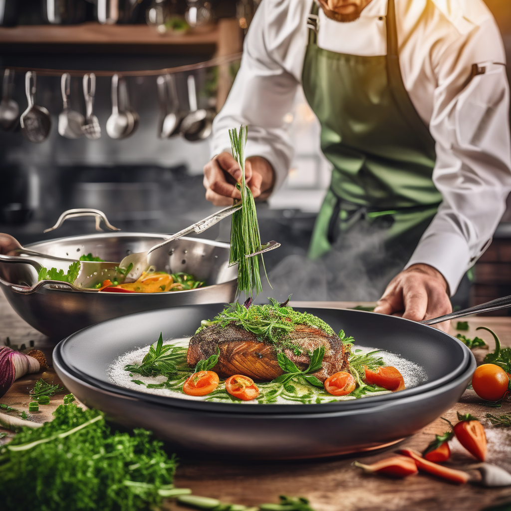 Ultra Realistic Photo Of A Chef Garnishing A Dish With Herbs
