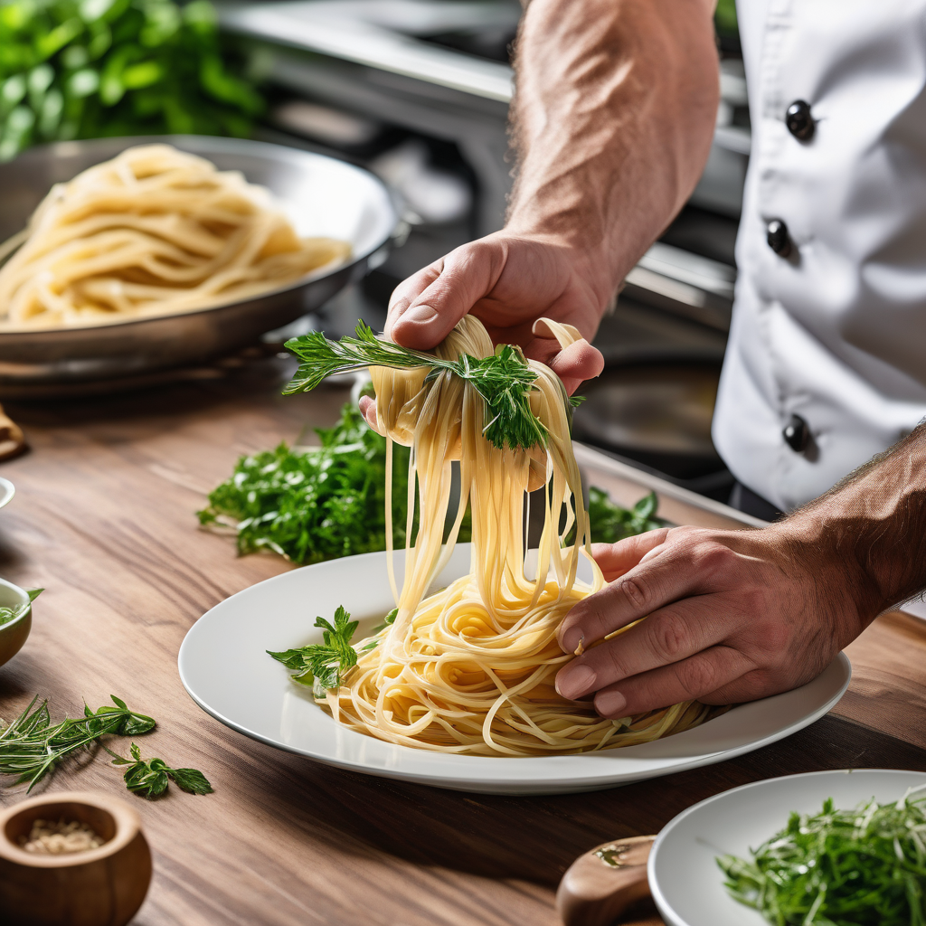Ultra Realistic Photo Of A Chef Serving Fresh Pasta In A Kitchen