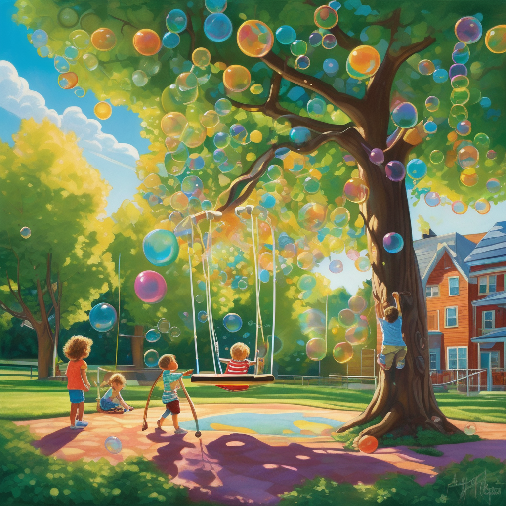 Ultra Realistic Photo Of A Child Blowing Bubbles On A Swing