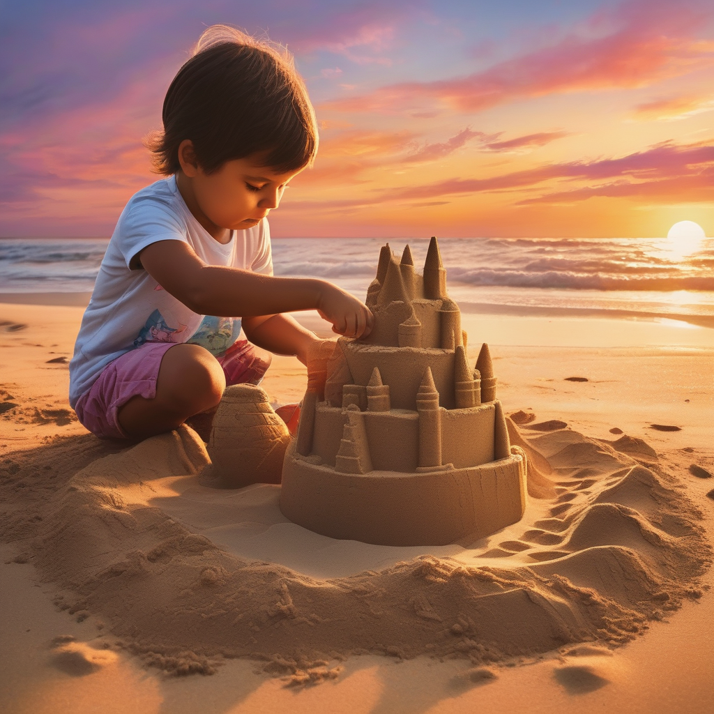 Ultra Realistic Photo Of A Child Building A Sandcastle At Sunset