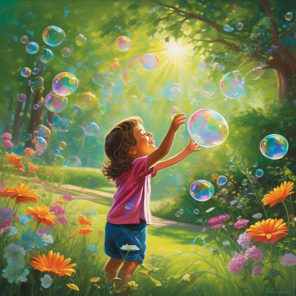 Ultra Realistic Photo Of A Child Reaching Up To Catch Soap Bubbles