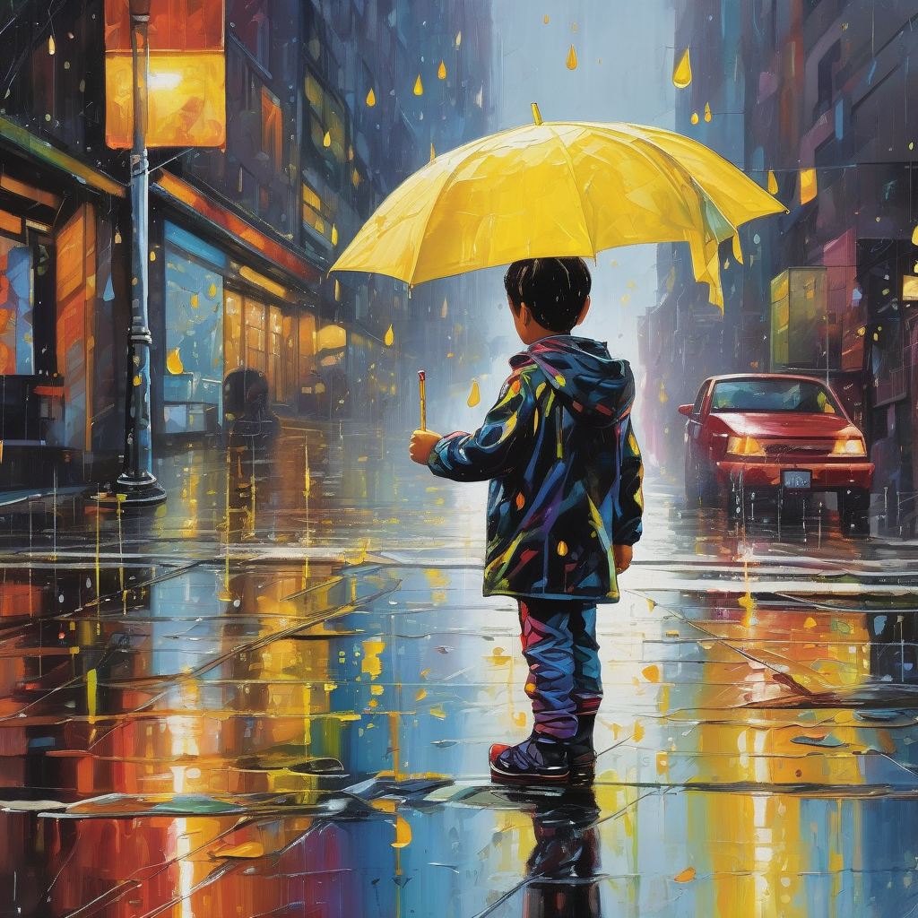 Ultra Realistic Photo Of A Child With An Umbrella In Heavy Rain