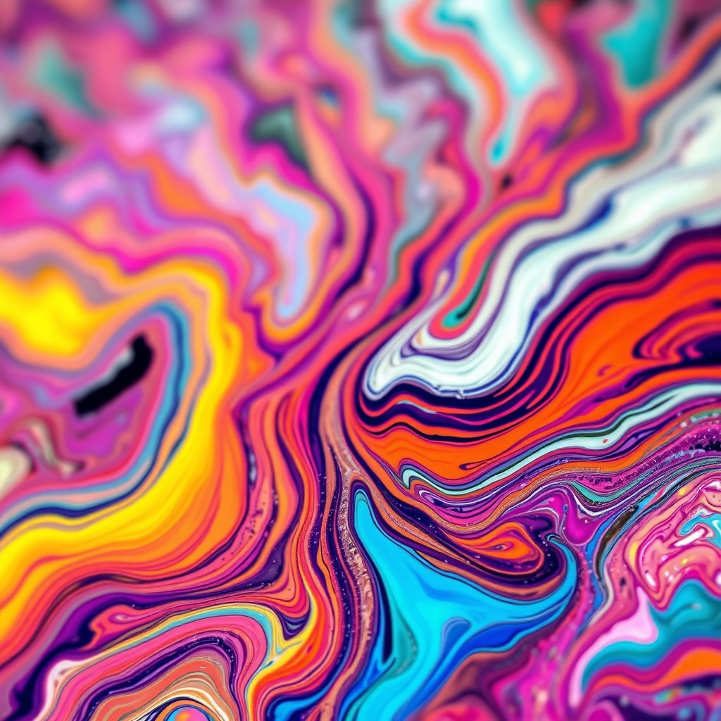 a vibrant fluid art with swirling paint colors, soft natural light, shallow depth of field, bokeh