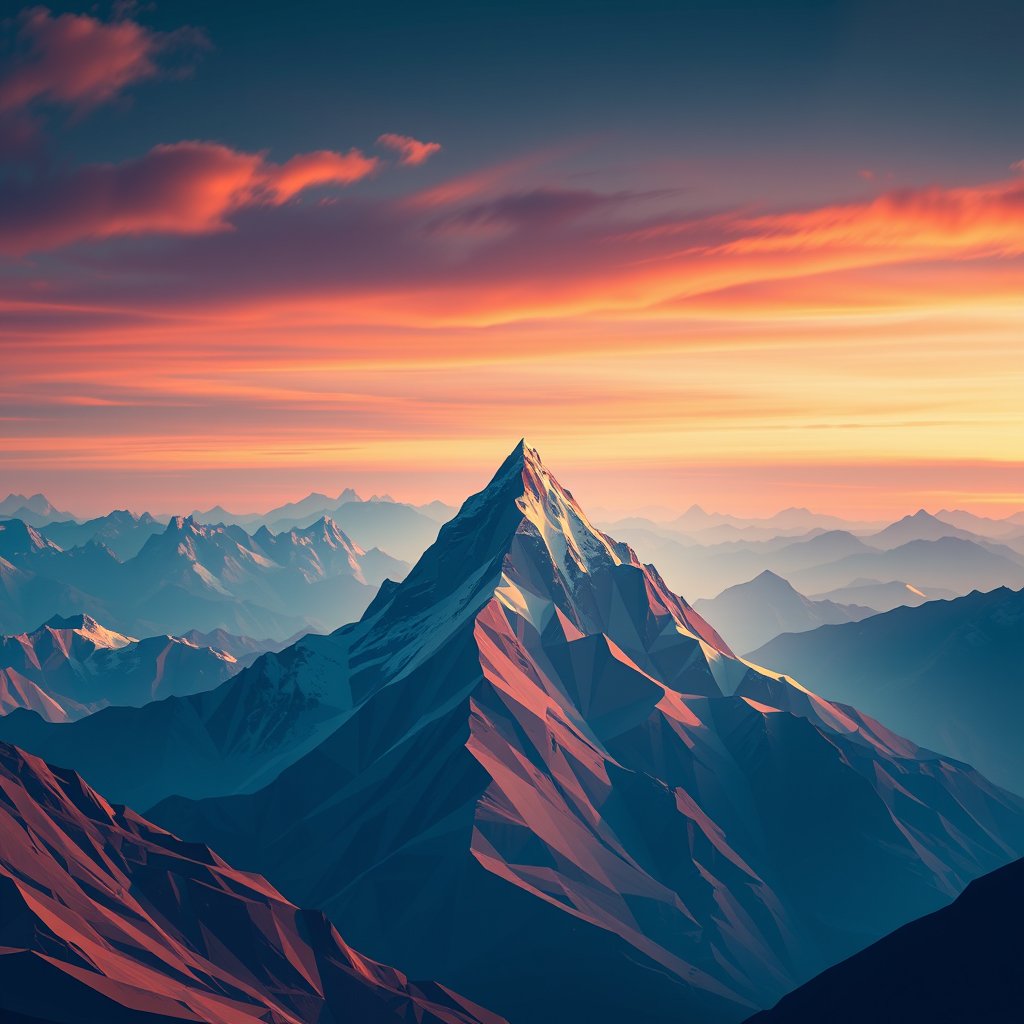 a low poly geometric mountain landscape, gradient sky, cinematic lighting, vibrant colors, dramatic atmosphere