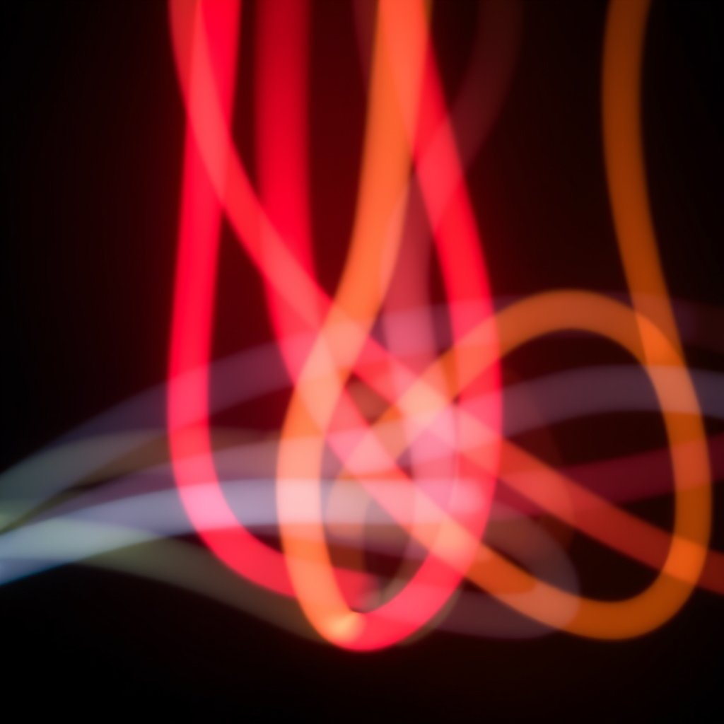 an abstract neon light trails on black background, soft natural light, shallow depth of field, bokeh