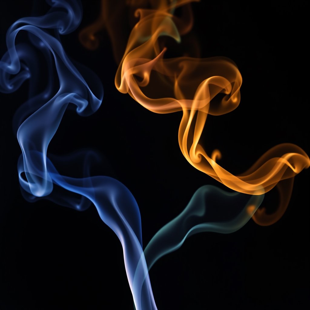 colorful smoke swirls on a dark background, minimalist composition, clean background, elegant