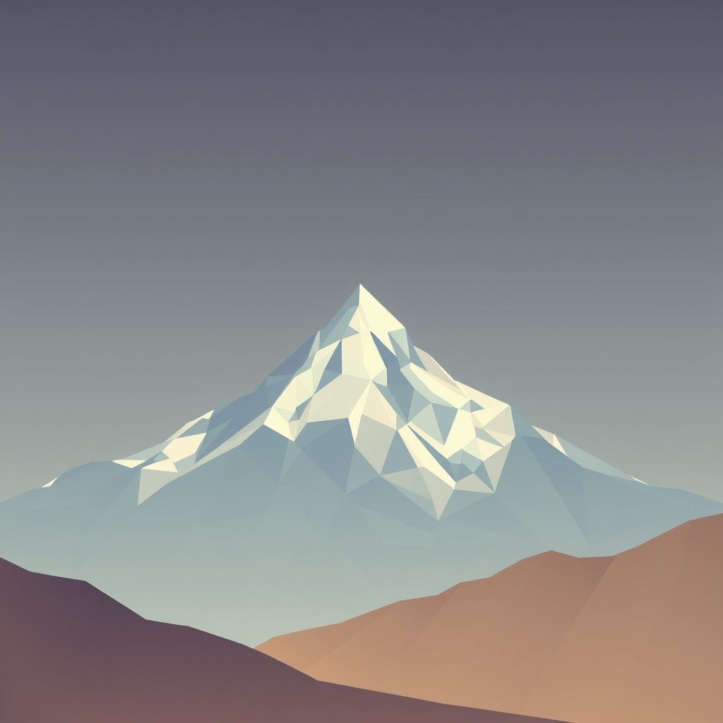 a low poly geometric mountain landscape, gradient sky, minimalist composition, clean background, elegant