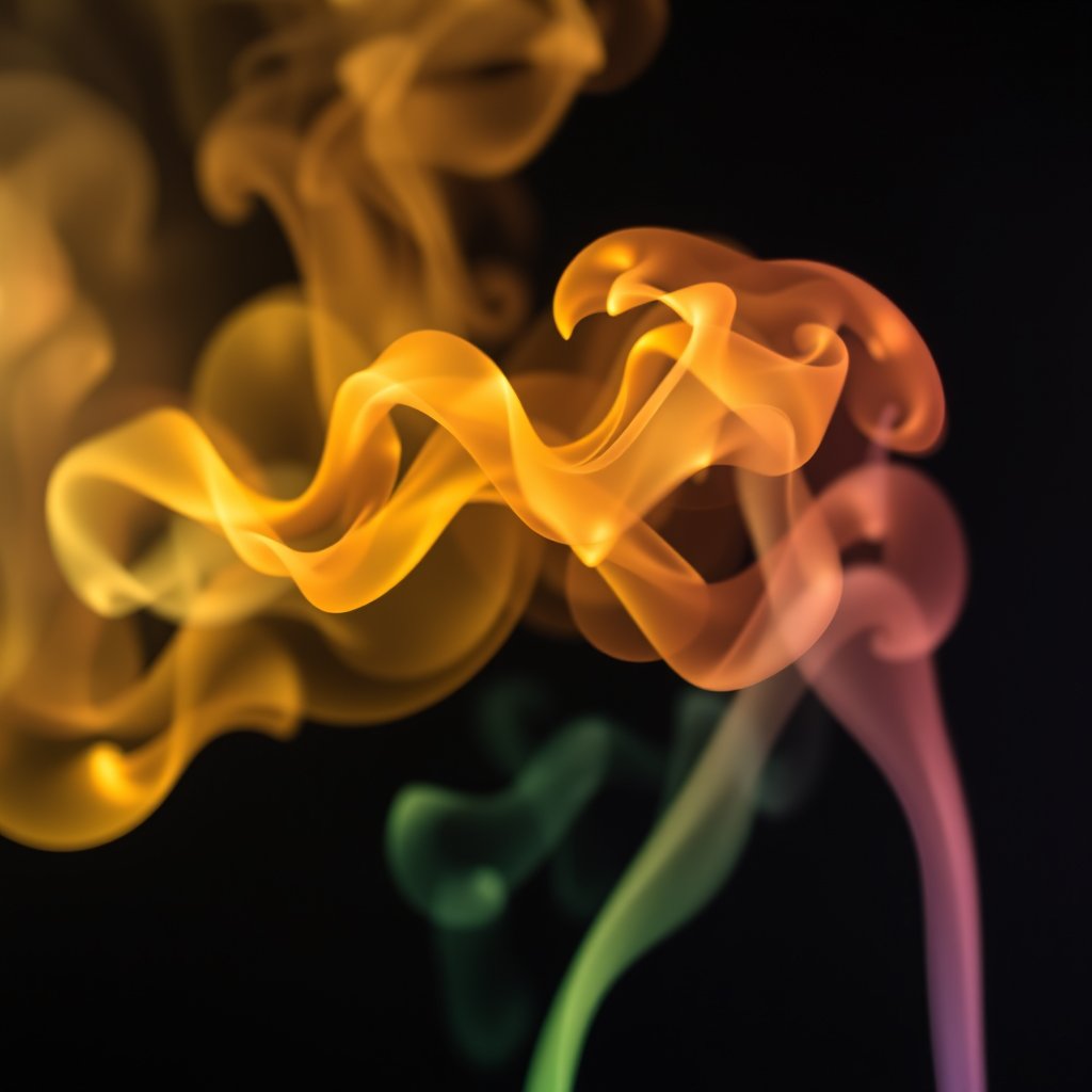 colorful smoke swirls on a dark background, soft natural light, shallow depth of field, bokeh