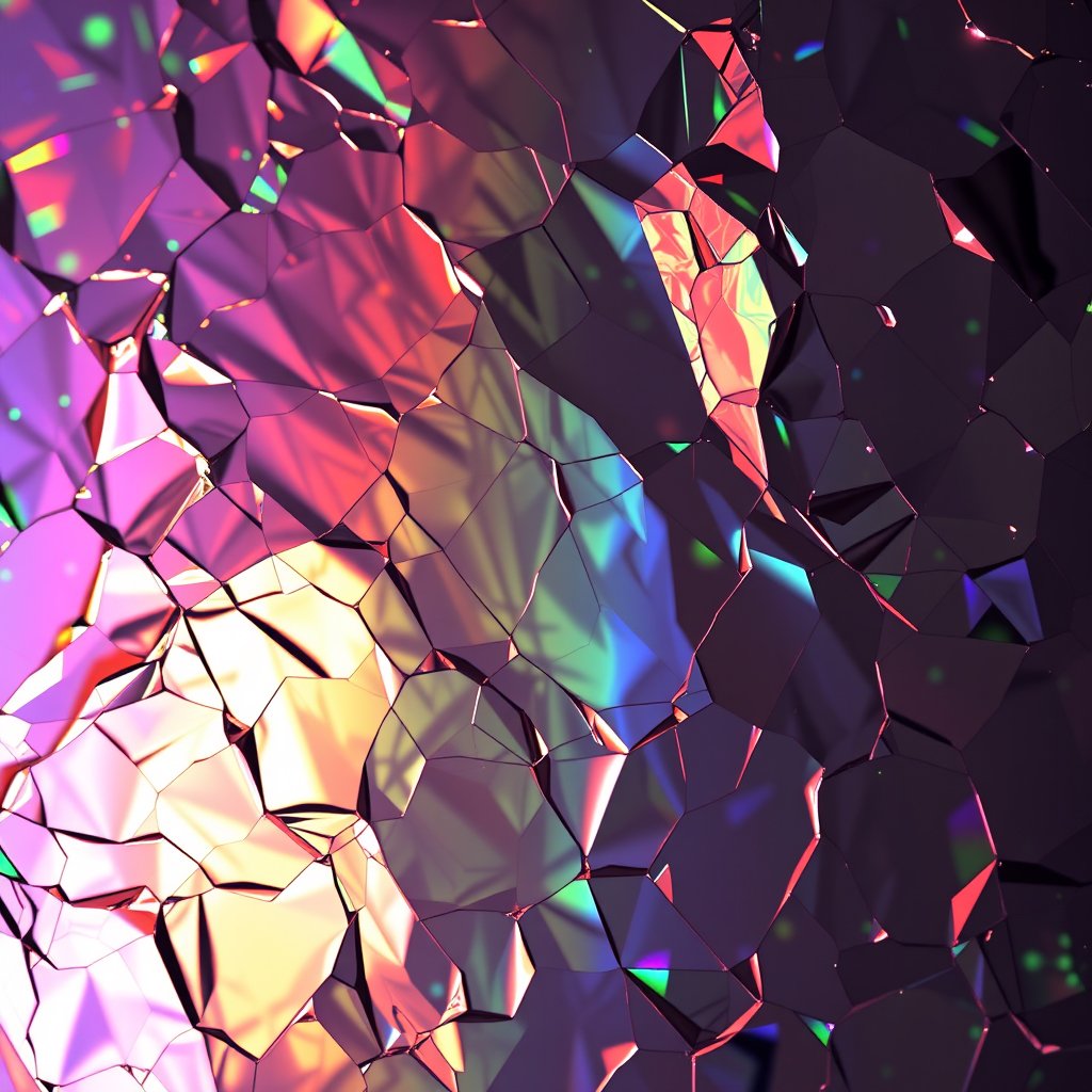 a holographic iridescent texture with light reflections, moody lighting, high contrast, fine art photography