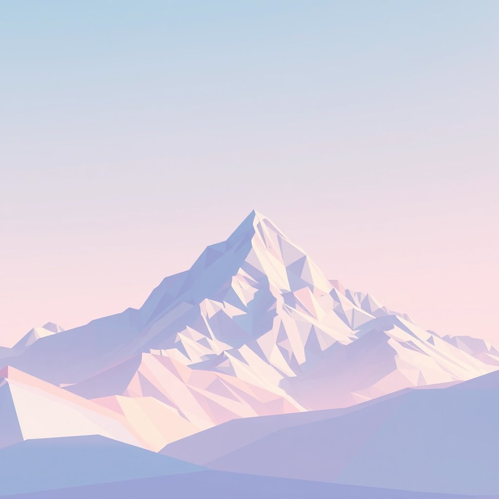 a low poly geometric mountain landscape, gradient sky, bright and airy, pastel tones, dreamy aesthetic
