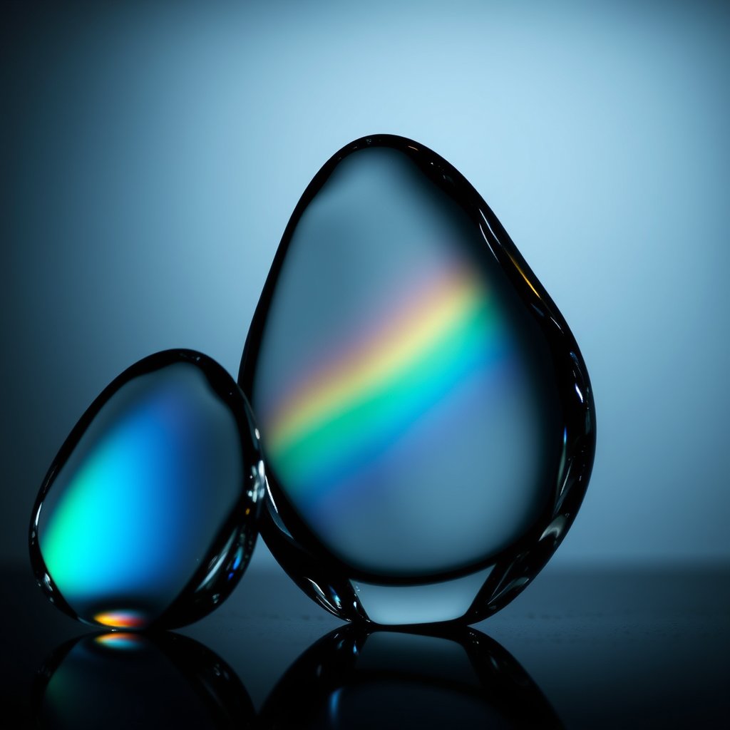 an abstract glass shapes with rainbow refraction, moody lighting, high contrast, fine art photography
