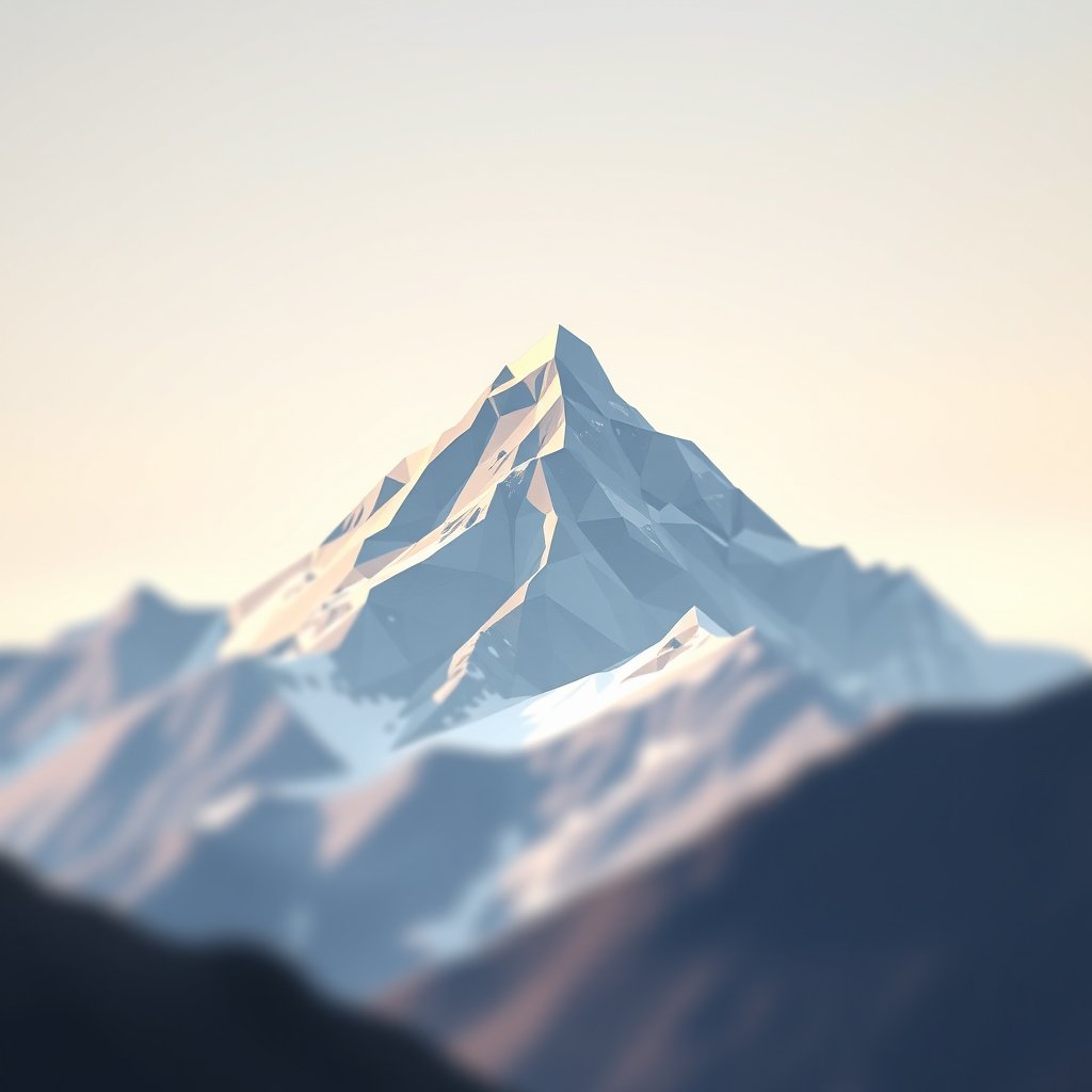 a low poly geometric mountain landscape, gradient sky, soft natural light, shallow depth of field, bokeh