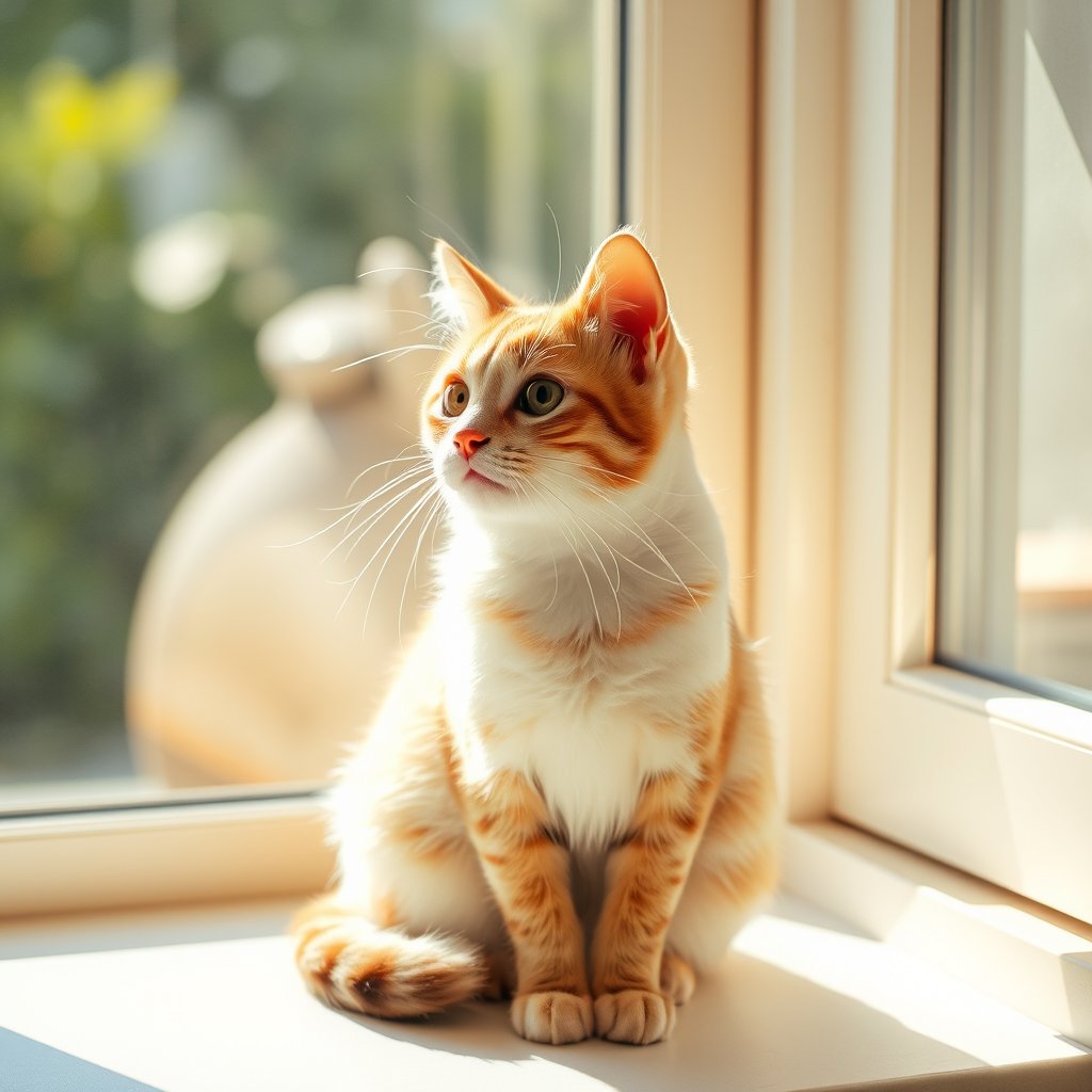 a curious cat sitting by a sunny window, bright and airy, pastel tones, dreamy aesthetic