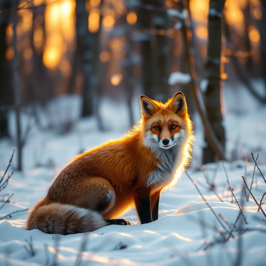 a majestic red fox in a snowy forest, golden hour lighting, warm tones, atmospheric