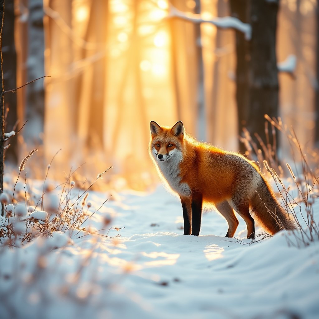 a majestic red fox in a snowy forest, golden hour lighting, warm tones, atmospheric
