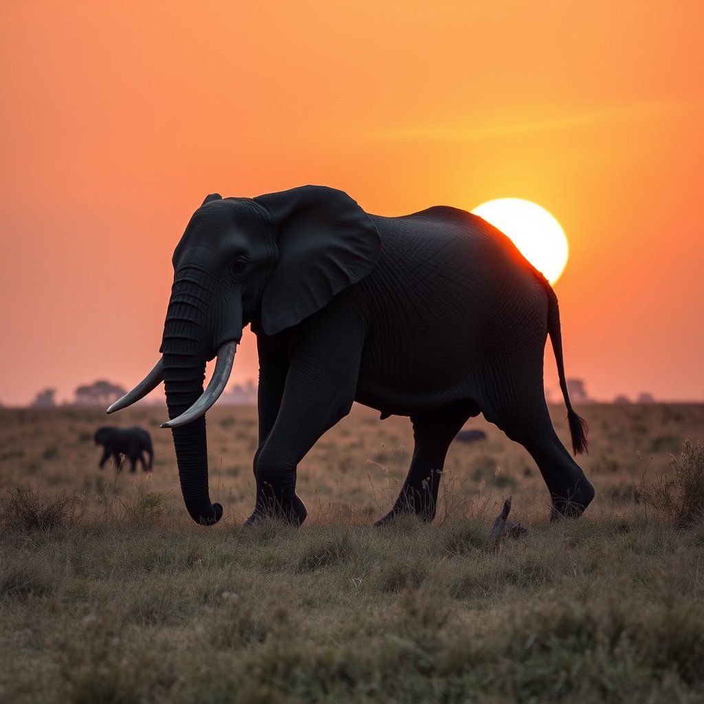 an elephant walking across the african savanna at sunset, minimalist composition, clean background, elegant