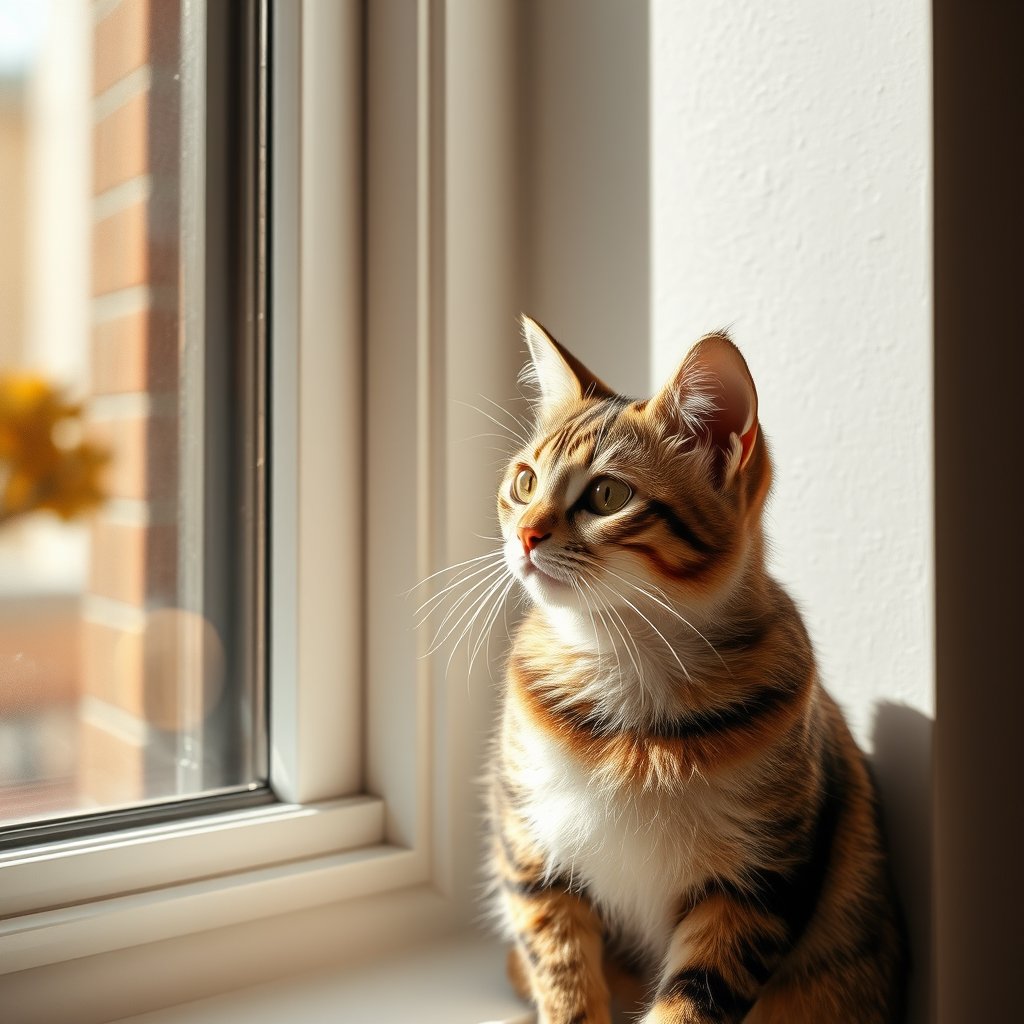 a curious cat sitting by a sunny window, ultra realistic, crisp details, studio quality
