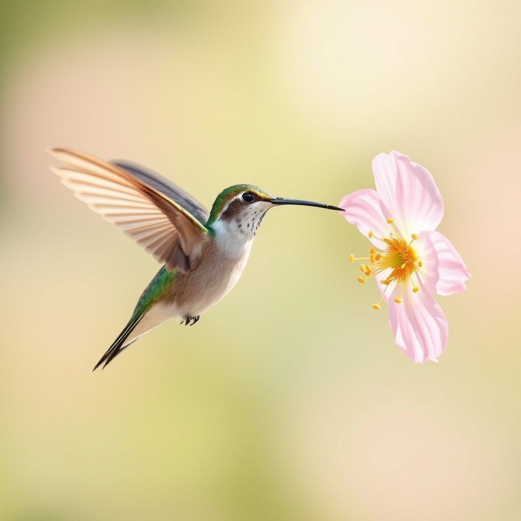 a hummingbird hovering near a bright flower, bright and airy, pastel tones, dreamy aesthetic