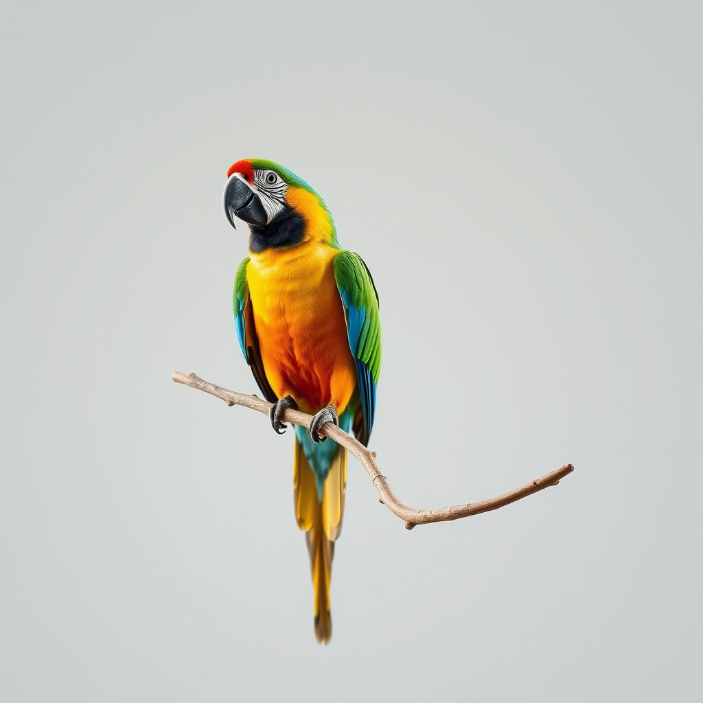 a colorful tropical parrot on a branch, minimalist composition, clean background, elegant