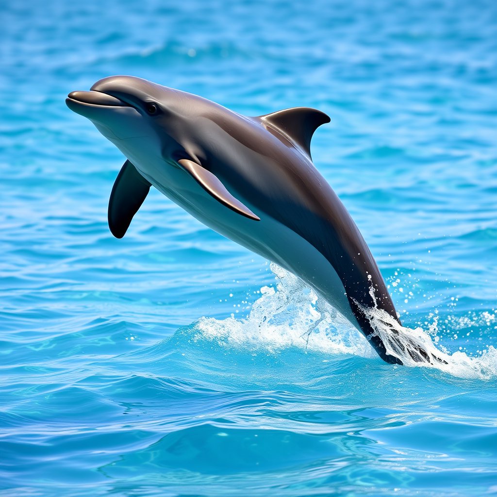 a dolphin jumping out of clear blue ocean water, highly detailed, 8k, professional photography, sharp focus